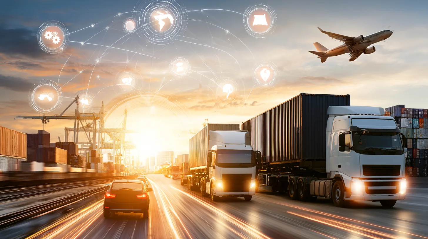 Freight trucks on motorway with connected logistics network
